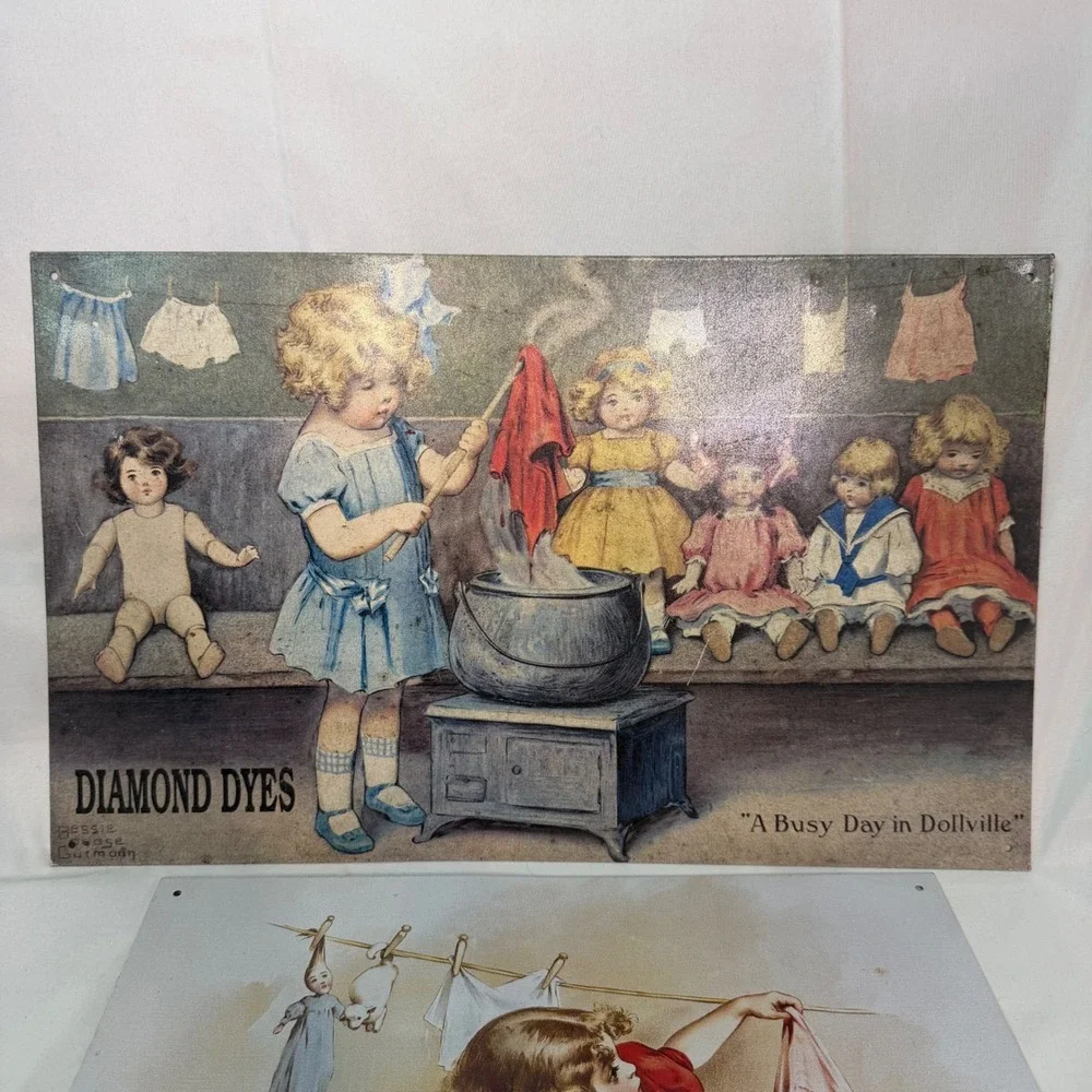 Vintage Diamond Dyes Tin Signs A Busy Day Dollville Bessie Pease Gutmann 1990's